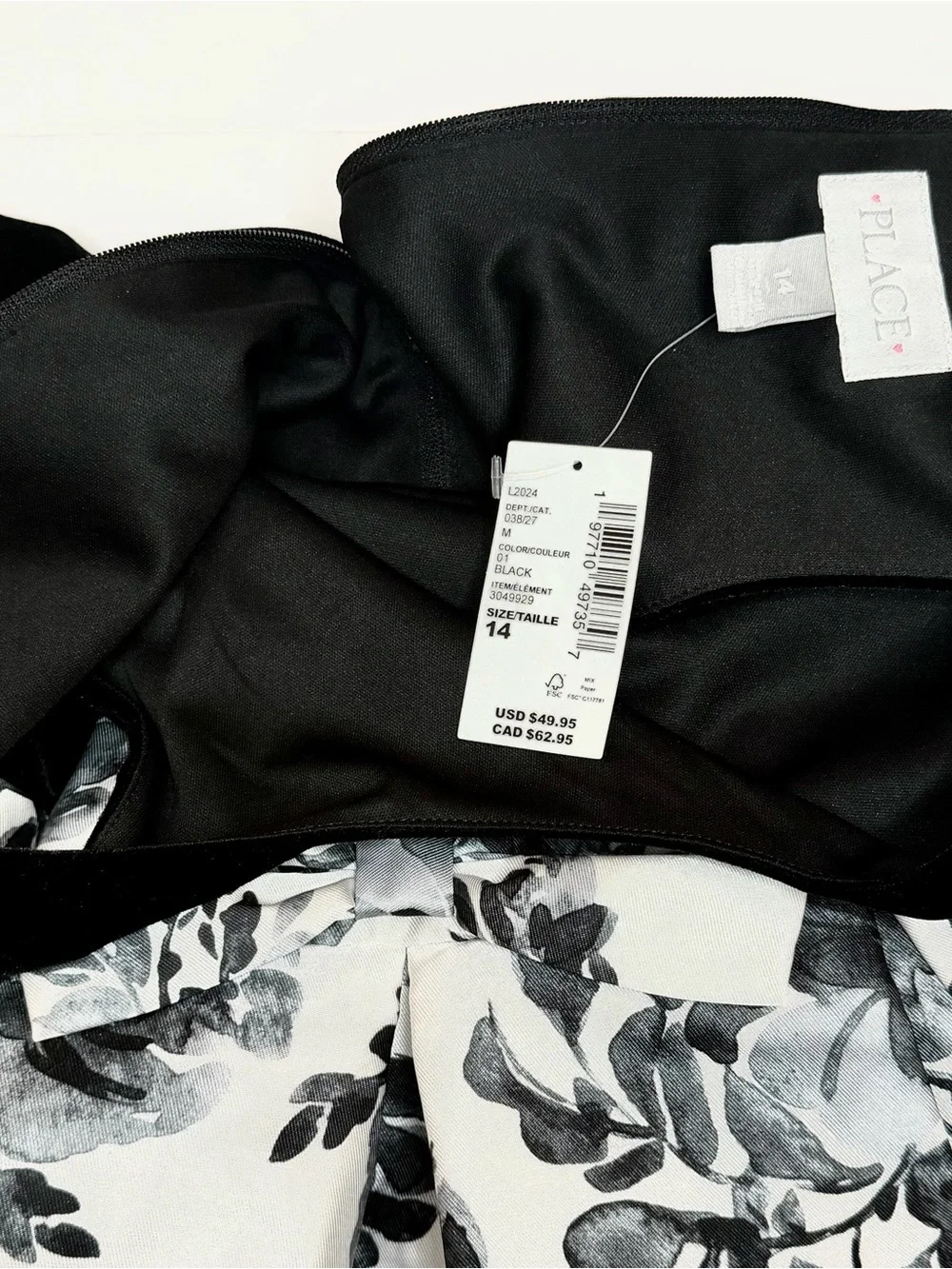 The‎ Children's Place Girls Black & White Floral Fit-and-Flare Dress size 14